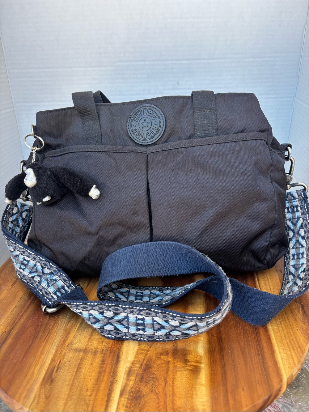 Kipling Black Nylon Crossbody Patterned Blue Strap (original black strap inside)